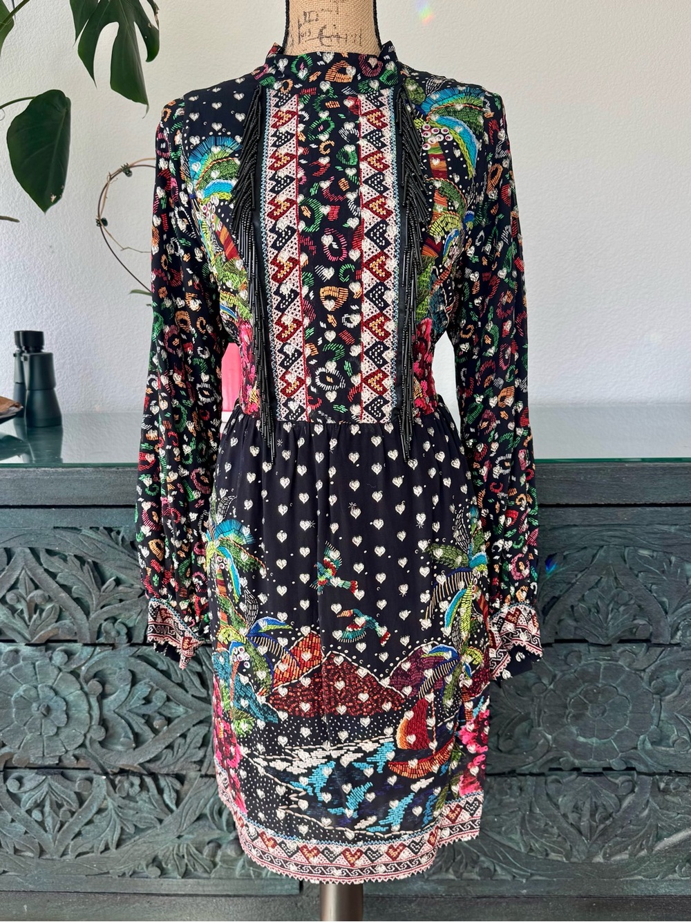Farm Rio Black Long Sleeve Dress With Silver Embroidered Hearts & Beaded Fringe